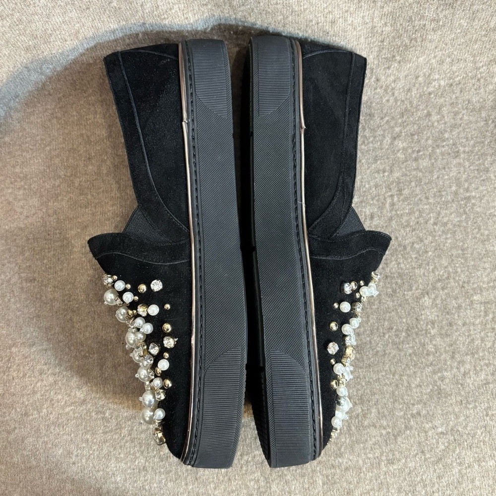 STUART WEITZMAN Sz 8 Pearl and Rhinestone Embellished Slip On Black Loafers - Picture 7 of 14
